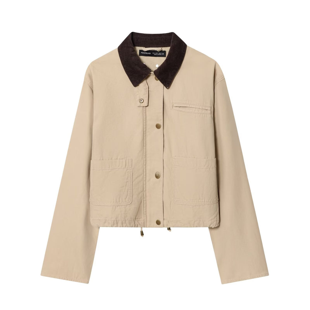 Damen Cropped-Workjacke mit Cordkragen, aufgesetzten Taschen und Tunnelzug Echoarchiv