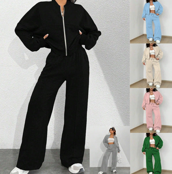 Damen Loungewear-Set mit kurzem Reißverschluss-Bomber und weiter High-Waist Jogginghose – Élanora