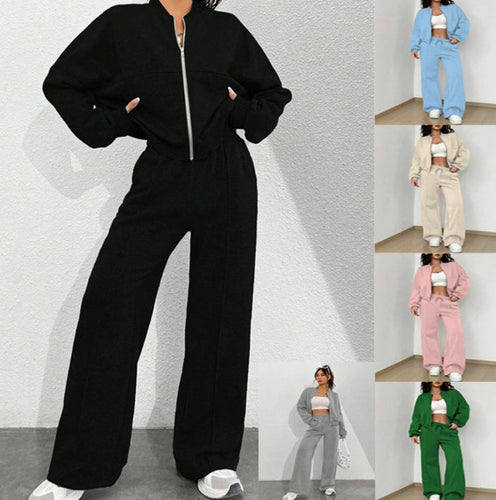 Damen Loungewear-Set mit kurzem Reißverschluss-Bomber und weiter High-Waist Jogginghose – Élanora