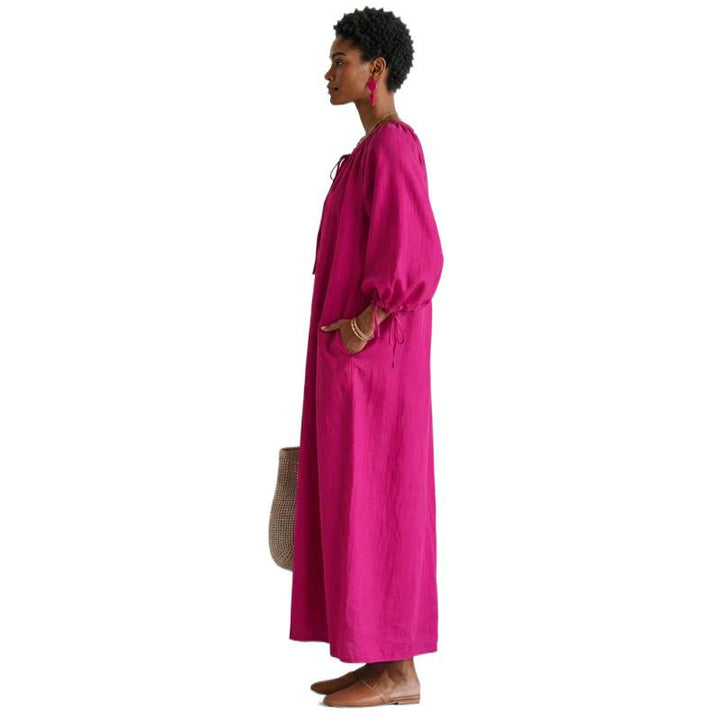 Damen Luftiges Leinenoptik-Maxikleid mit Kordelkragen, Ballonärmeln und Eingrifftaschen – Valéora