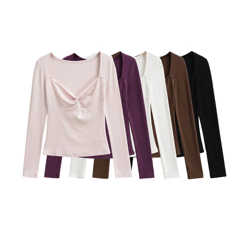 Damen Langarmshirt mit Drehknoten-Detail figurformendem Büstenteil und weiter Ausschnitt Echoarchiv