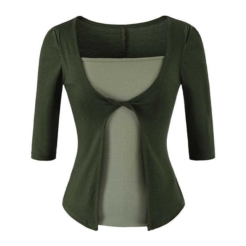 Damen Lagen‑Look Shirt mit Knotenfront, Dreiviertelärmel und integriertem Untertop Echoarchiv