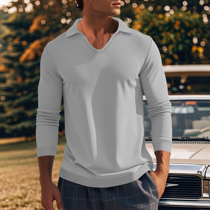 Herren lässiges Langarm-Shirt mit V-Ausschnitt und strukturiertem Gewebe Echoarchiv