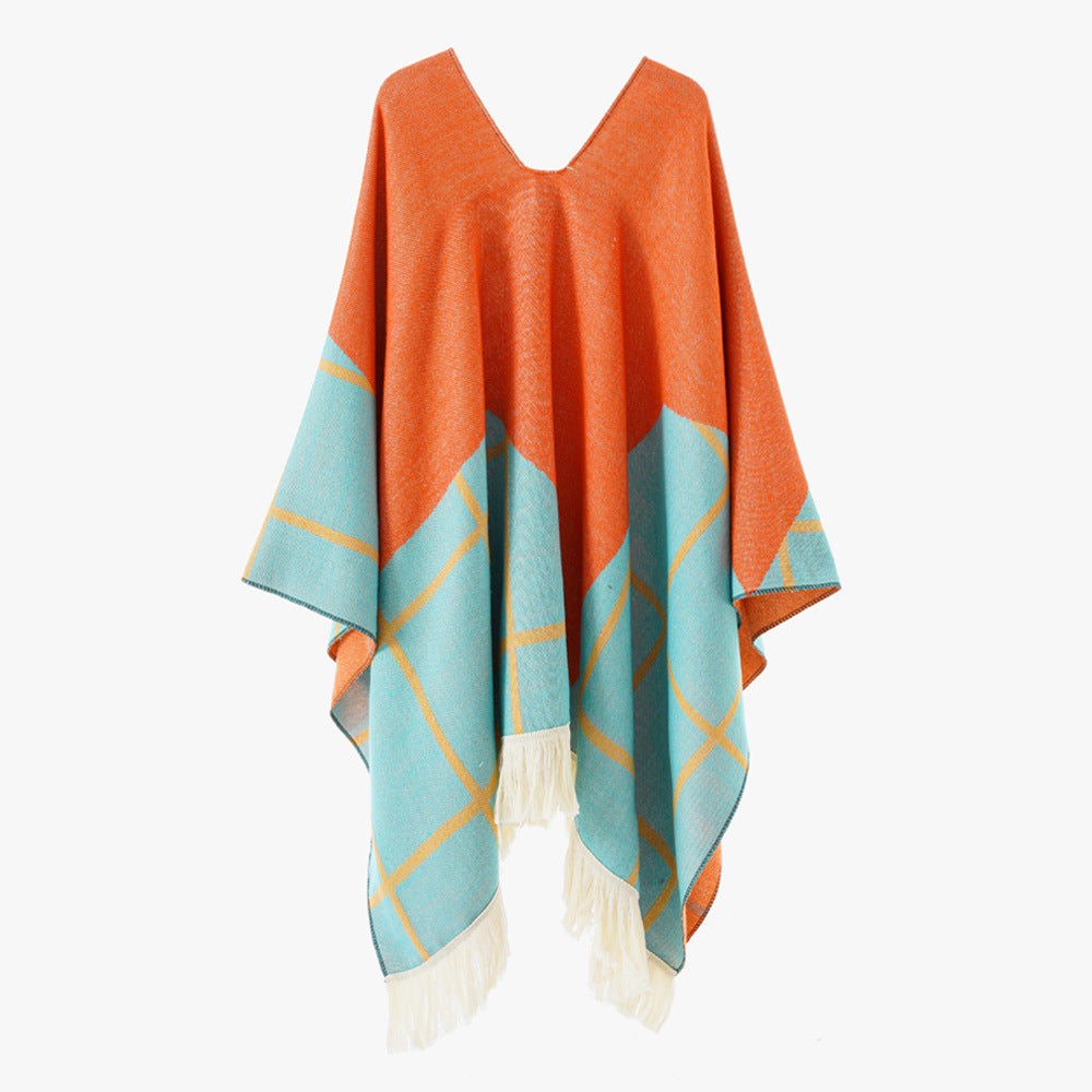 Damen Ornamentaler Jacquard‑Poncho mit V‑Ausschnitt und Fransensaum Echo Archiv