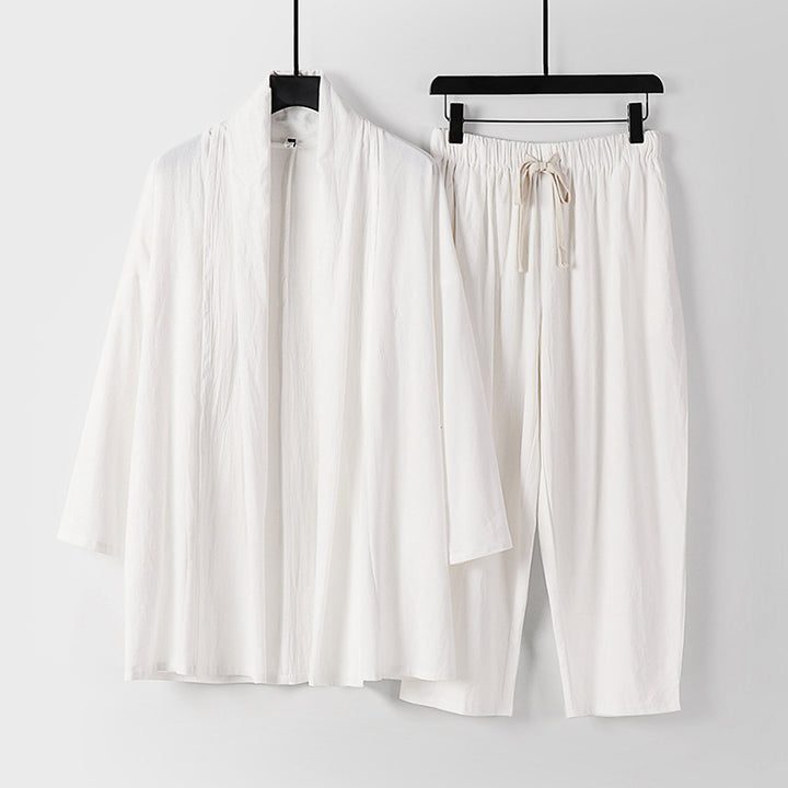 Unisex Lockeres Kimono-Lounge-Set aus leichter Baumwollmischung mit Schalkragen und Kordelbundhose Echoarchiv