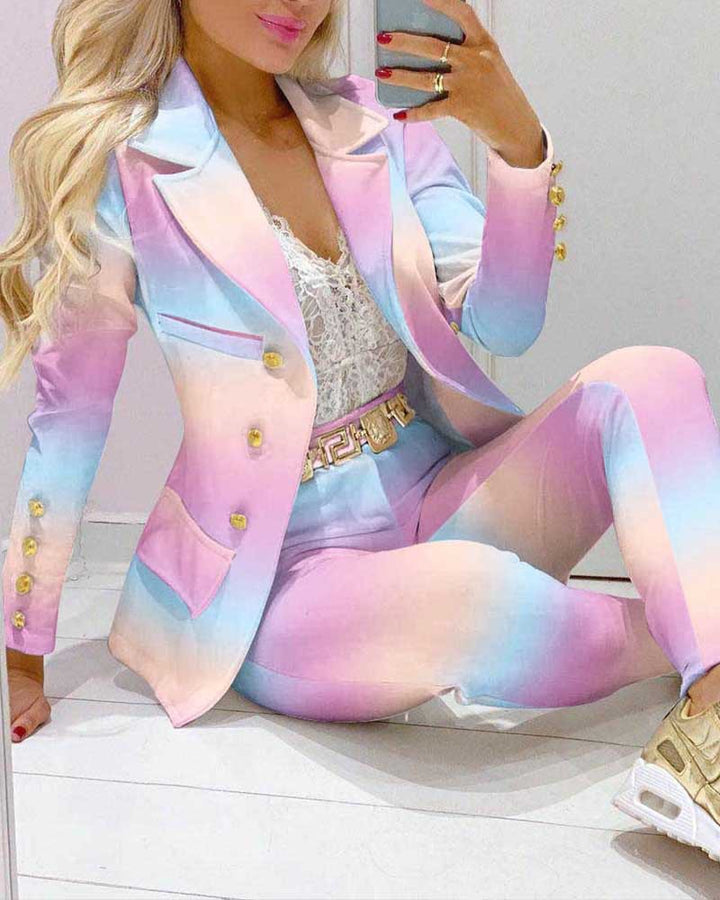 Damen Zweiteiliges Blazer-und-Hose-Set mit Schmetterlingsprint und glamourösem Glitzereffekt – Valéne