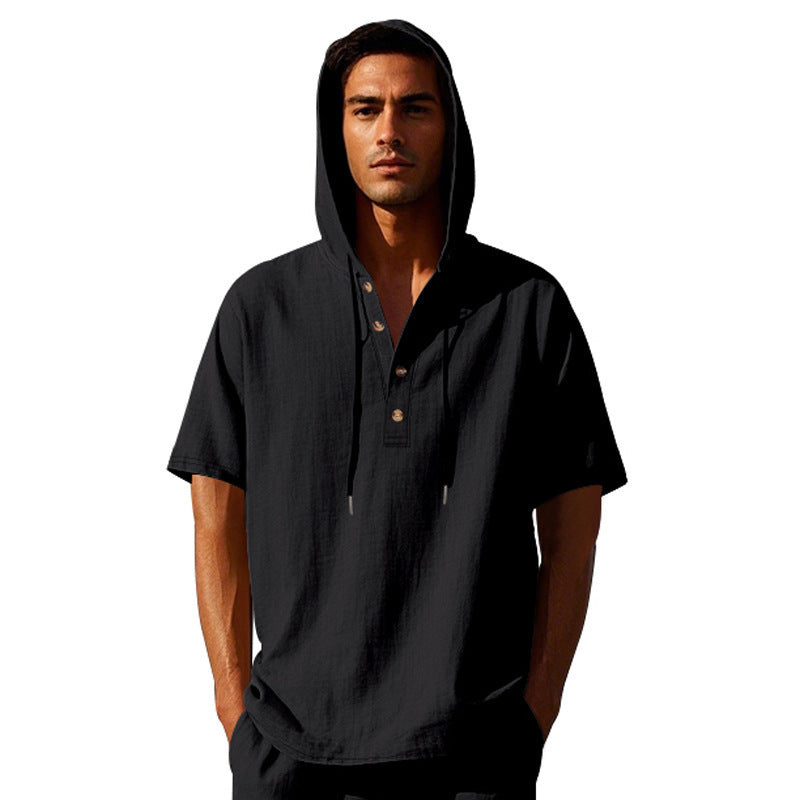 Herren lässiges Kapuzenshirt mit Knopfleiste und kurzer Arm Echoarchiv