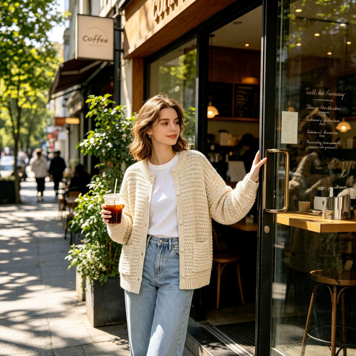 Damen Grobgestrickter Oversize-Cardigan mit Knopfleiste und aufgesetzten Taschen Echoarchiv