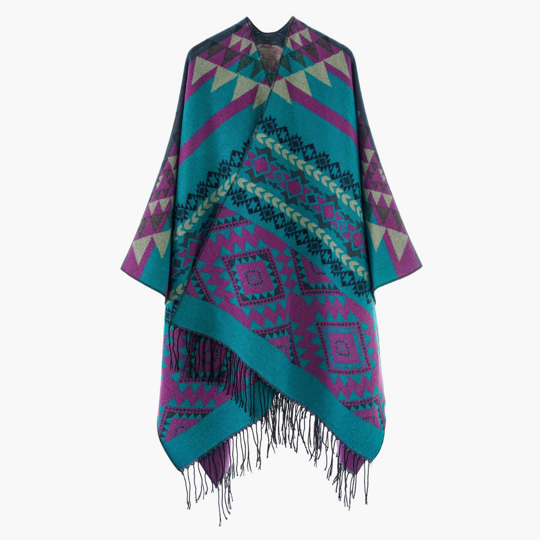 Damen Oversize Jacquard‑Cape im Ethno‑Jacquard mit Fransen – Avérine