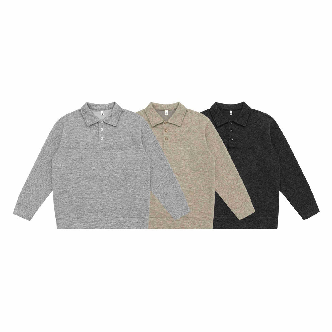 Unisex Feinstruktur-Polokragenpullover mit halber Knopfleiste und geripptem Saum Echoarchiv