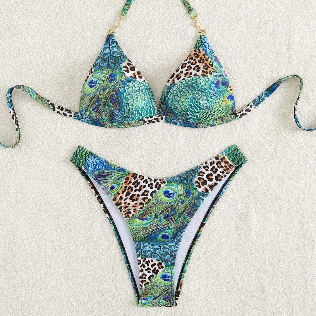 Damen Triangel-Bikini mit lebendigem Tier- und Pfauenmotiv Echo Archiv