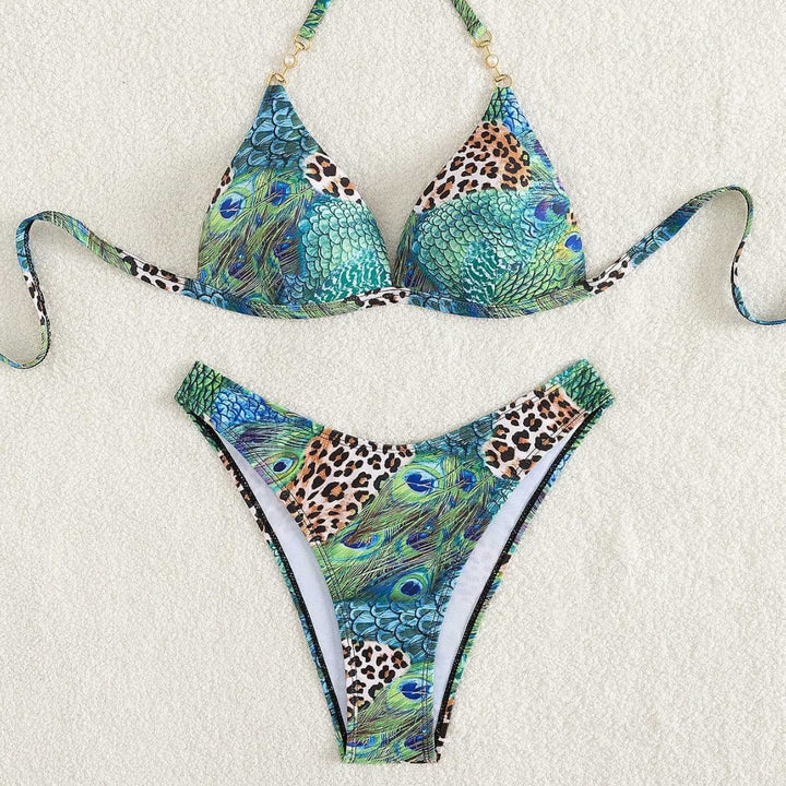 Damen Triangel-Bikini mit lebendigem Tier- und Pfauenmotiv Echo Archiv