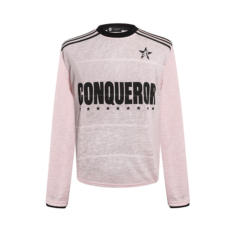 Damen Langarmshirt mit Statement-Print, Sportstreifen und strukturierter Slub-Optik Echoarchiv