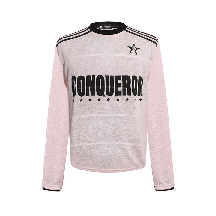 Damen Langarmshirt mit Statement-Print, Sportstreifen und strukturierter Slub-Optik Echoarchiv