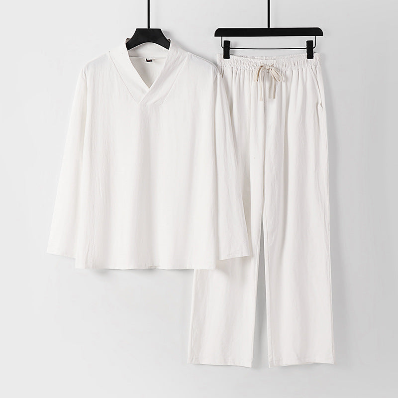 Unisex Zen-inspiriertes Leichtes Loungewear-Set mit V-Ausschnitt-Shirt und Elastischer Kordelbund-Hose Echoarchiv