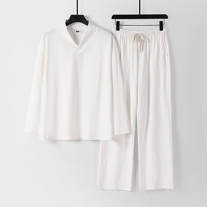 Unisex Zen-inspiriertes Leichtes Loungewear-Set mit V-Ausschnitt-Shirt und Elastischer Kordelbund-Hose Echoarchiv