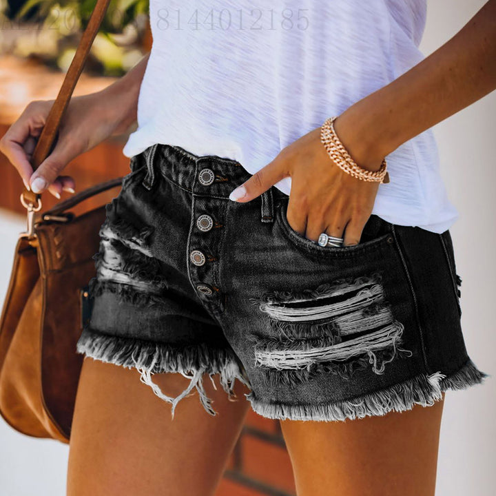 Damen lässige Destroyed Denim-Shorts mit Knopfdetails und fransigem Saum Echo Archiv