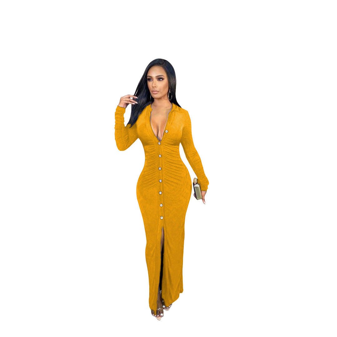Damen Figurbetontes Maxikleid mit Knopfleiste, Raffung und tiefem V-Ausschnitt – Valéora