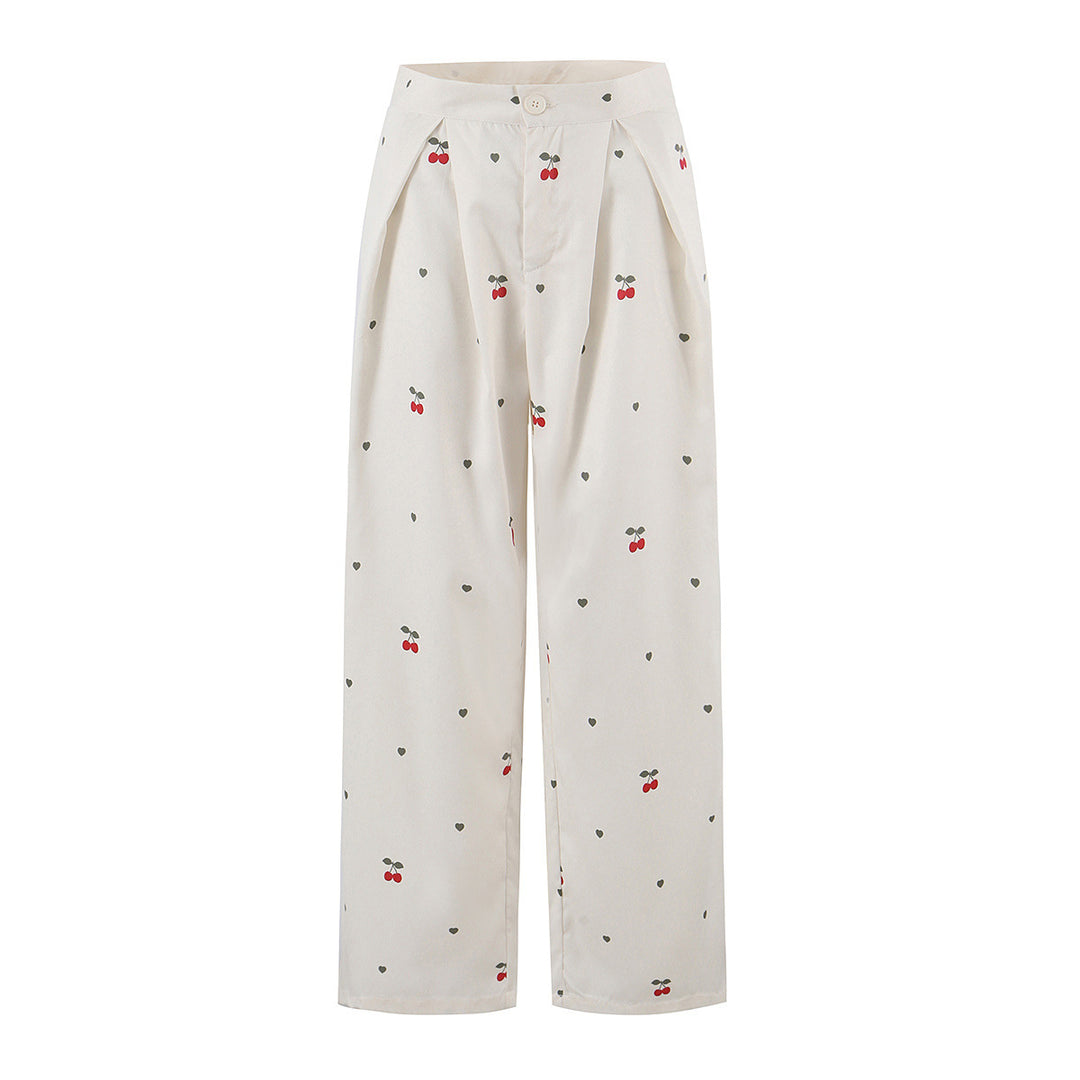 Damen weite High‑Waist Hose mit Kirschenprint und Bundfalten Echo Archiv