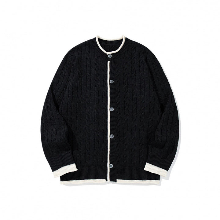 Unisex Feinstrick-Cardigan mit Zopfmuster, Rundhalsausschnitt und Kontrastblende Echo Archiv