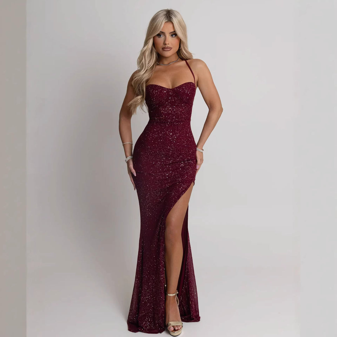 Damen Abendkleid mit schimmerndem Paillettenbesatz und verführerischem Schlitz Echoarchiv