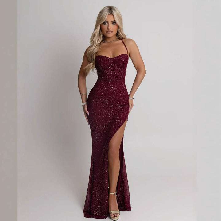Damen Abendkleid mit schimmerndem Paillettenbesatz und verführerischem Schlitz Echoarchiv