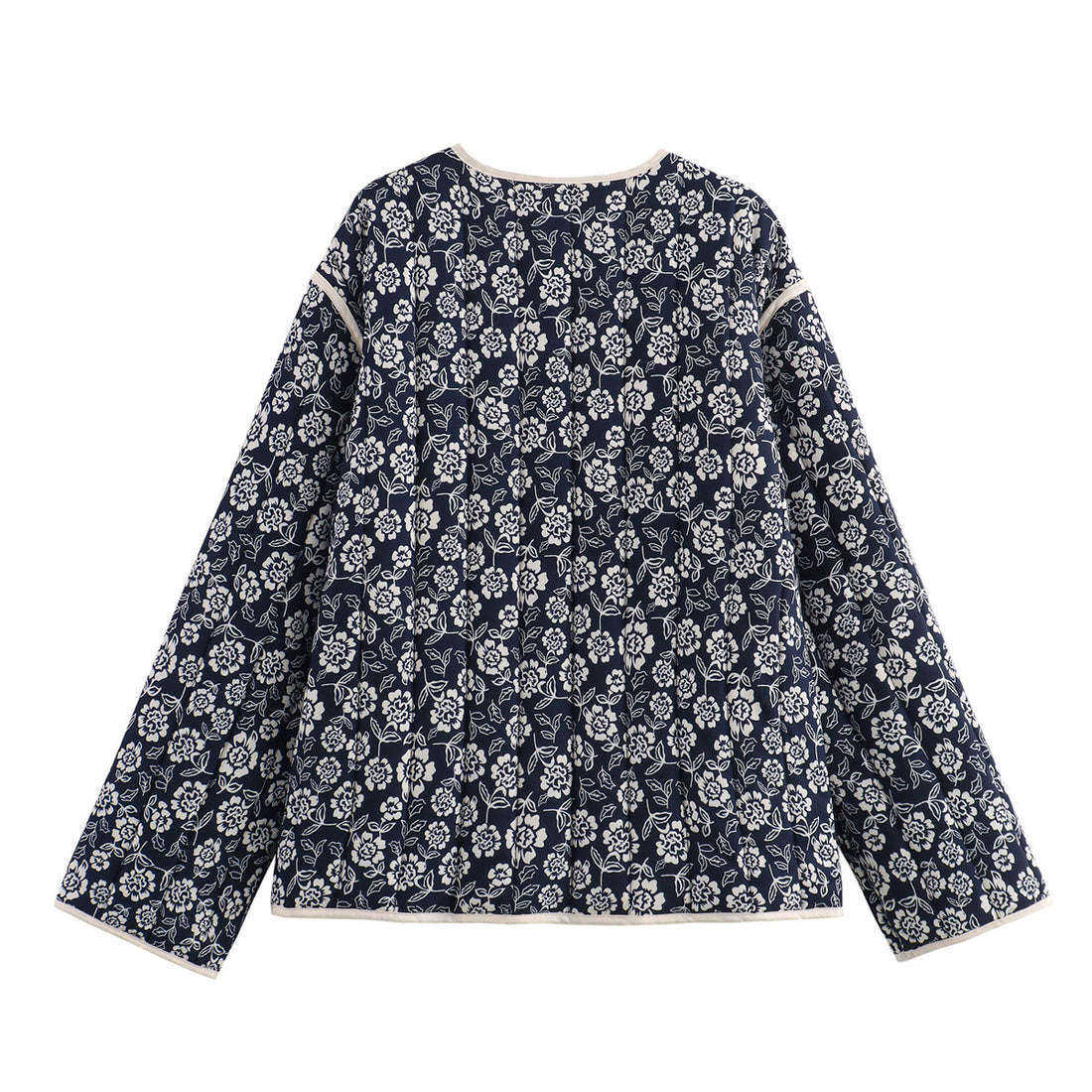 Damen gesteppte Kimono-Jacke mit floralem Alloverprint, V-Ausschnitt, kontrastpaspel und aufgesetzten Taschen – Célinea