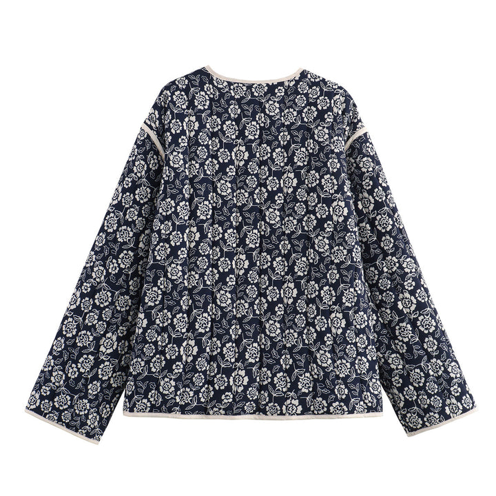 Damen gesteppte Kimono-Jacke mit floralem Alloverprint, V-Ausschnitt, kontrastpaspel und aufgesetzten Taschen – Célinea
