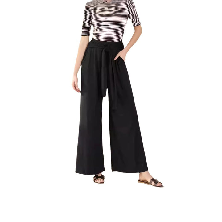 Damen Hochtaillierte Weite Palazzo-Hose mit Selbstbindendem Taillenbund und Seitentaschen – Avélisse