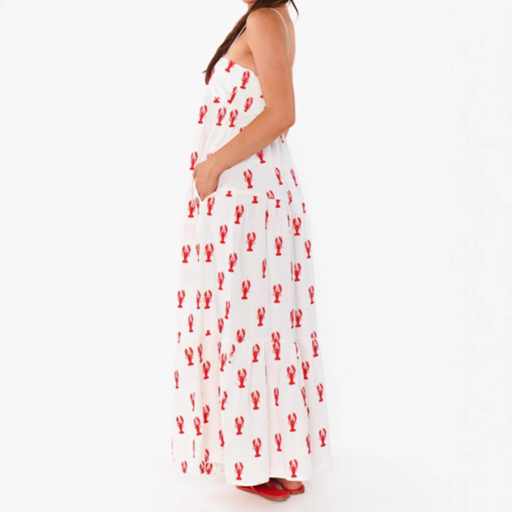 Damen nan trägerloses Stufenmaxikleid mit Bandeau-Oberteil lockerer A-Linie und maritimem Hummer-Print Echo Archiv