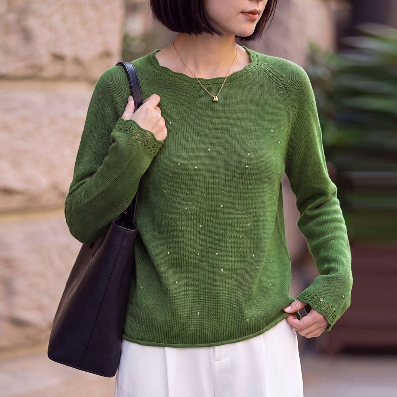 Damen leichter Feinstrickpullover mit dezenter Glitzeroptik und Raglanärmeln Echoarchiv
