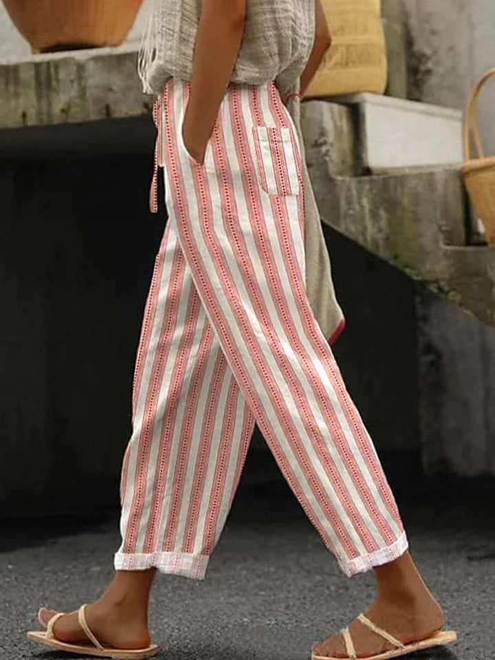 Damen Weite Leinenhose mit handgewebtem Muster Echoarchiv