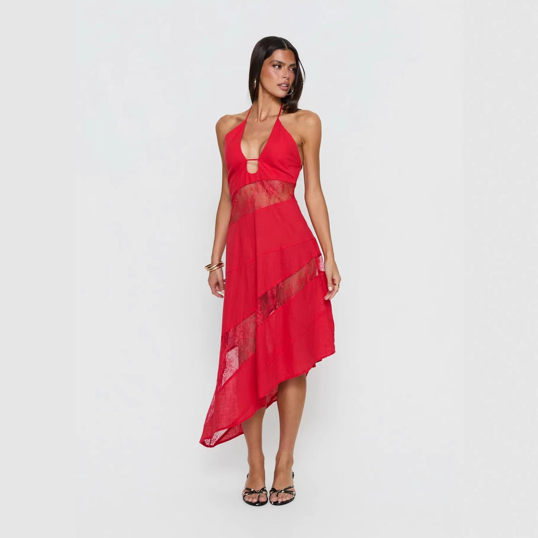 Damen Halterkleid mit transparenten Einsätzen und asymmetrischem Saum Echo Archiv