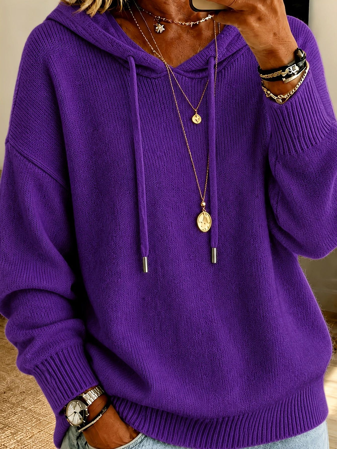 Damen Oversize Kapuzenpullover aus feinem Strick mit Kordelzug und gerippten Bündchen – Auréline