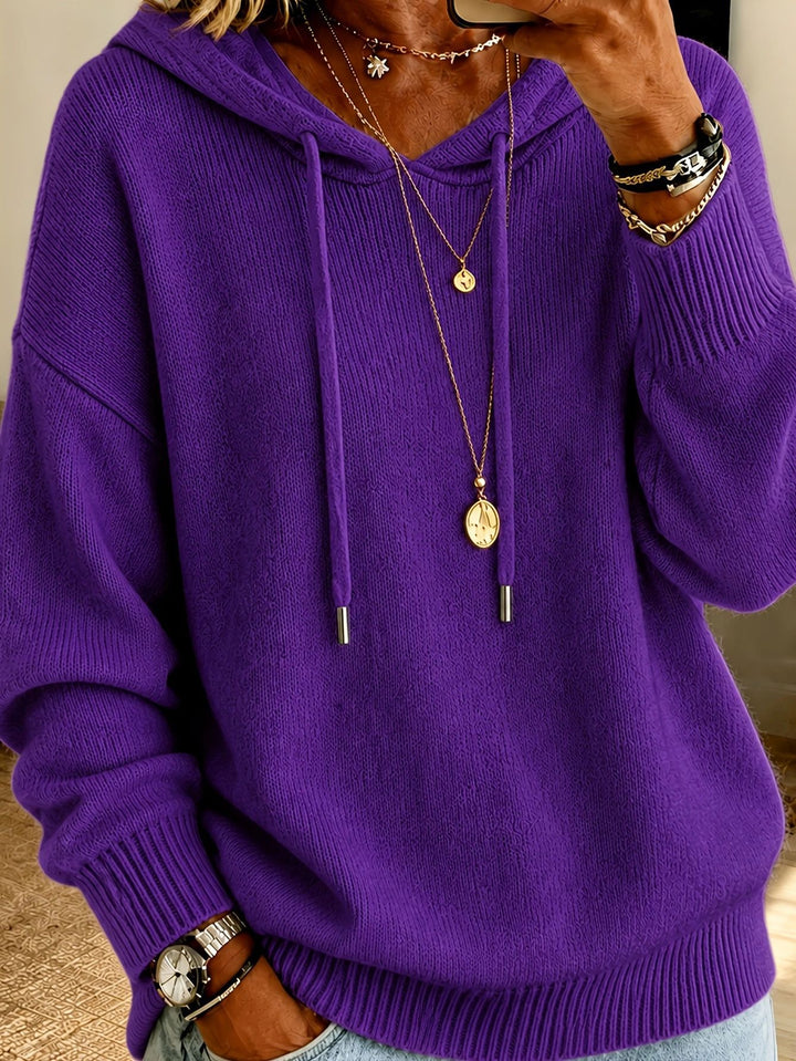 Damen Oversize Kapuzenpullover aus feinem Strick mit Kordelzug und gerippten Bündchen – Auréline