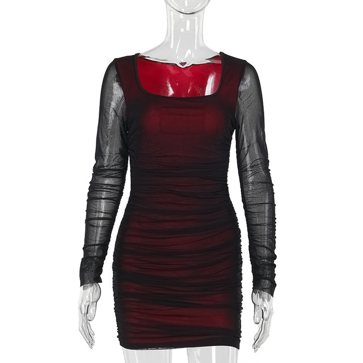 Damen figurbetontes Minikleid mit transparenten langärmeligen Einsätzen und Rüschendetails Echo Archiv