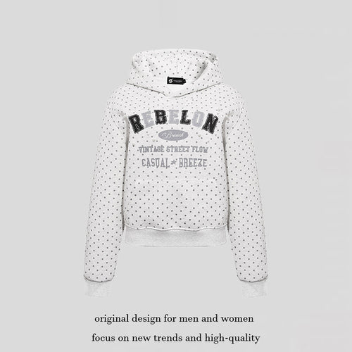 Damen Kapuzenpullover mit Polka-Dot, College-Print und geripptem Saum Echoarchiv
