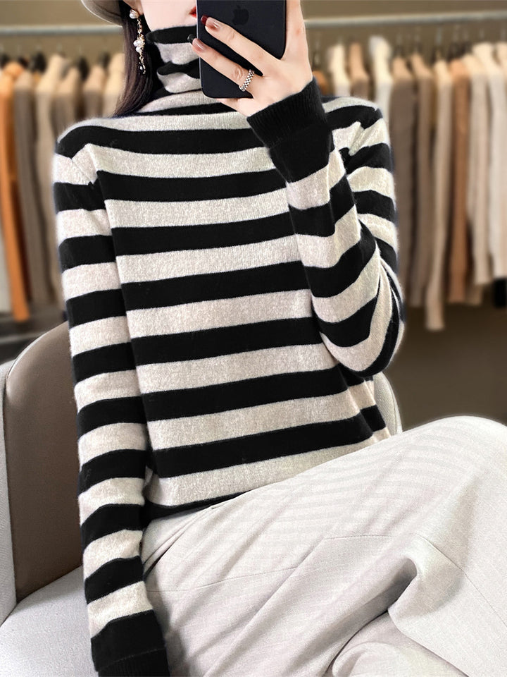 Damen Lässiger gestreifter Rollkragenpullover aus Wollmix mit legerer Passform Echoarchiv