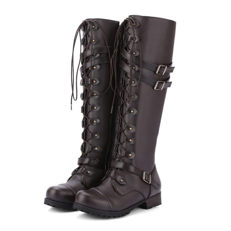 Damen Kniehohe Schnürstiefel mit verstellbaren Zierschnallen und robuster Profilsohle – Lioré