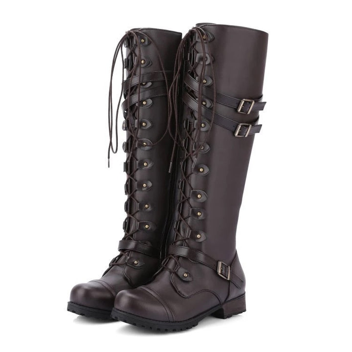 Damen Kniehohe Schnürstiefel mit verstellbaren Zierschnallen und robuster Profilsohle – Lioré