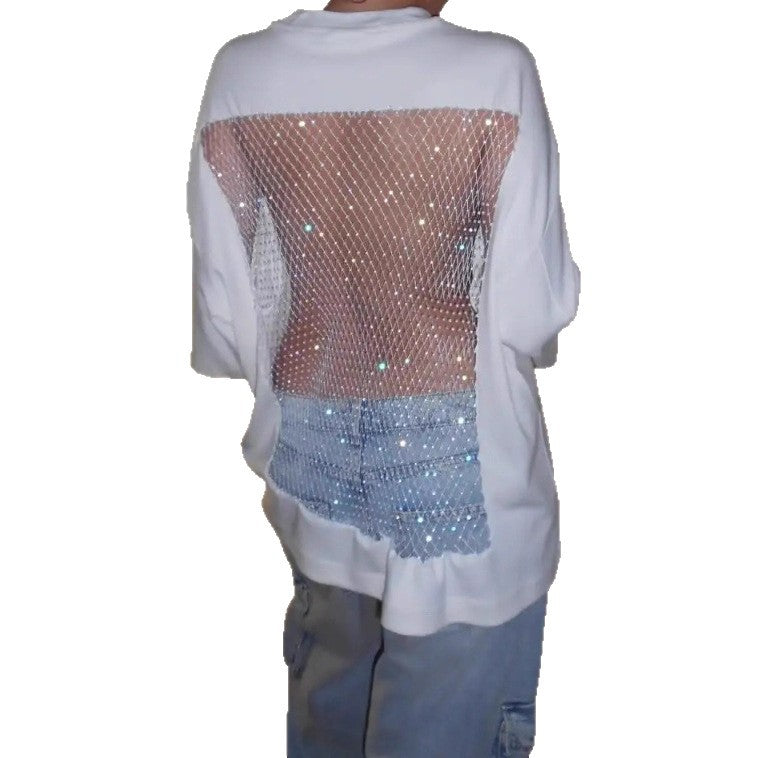 Damen nan Oversize-T-Shirt mit transparentem Netzrücken, Strassbesatz und Jeans-Print Echo Archiv
