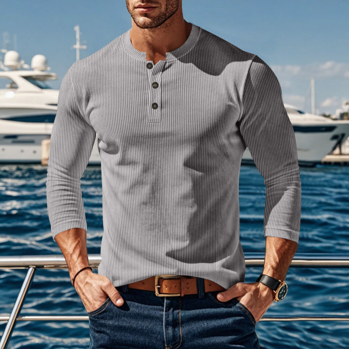 Herren Langarmshirt mit modischer Stehkragen und Knopfleiste Echoarchiv