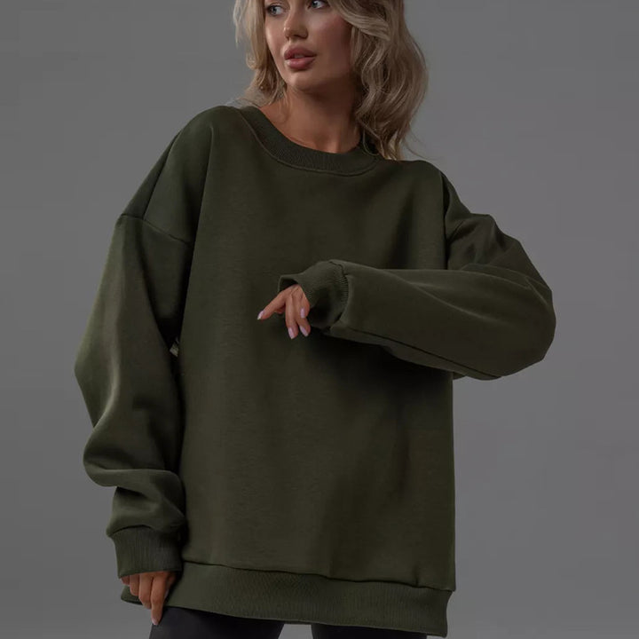 Damen oversized Sweatshirt mit Rundhalsausschnitt, French-Terry Innenfutter und überschnittener Schulter – Avérine