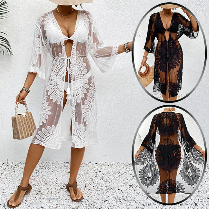 Damen transparente Häkel-Strandüberwurfjacke mit eleganten Motiven Echo Archiv