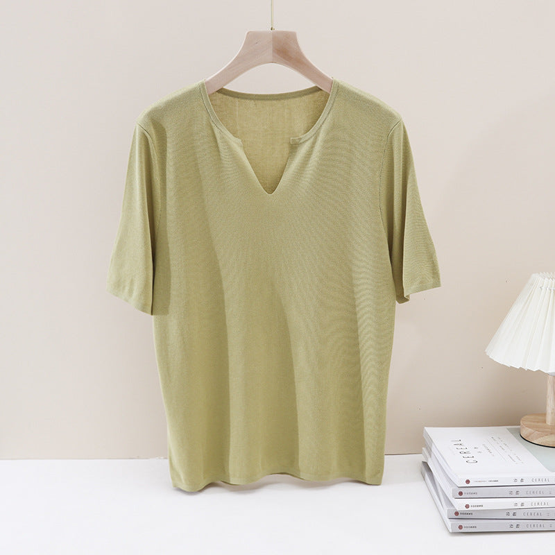 Damen Leichtes Kurzarm-Feinstrickshirt mit V-Notch-Ausschnitt und lockerem Fall Echo Archiv