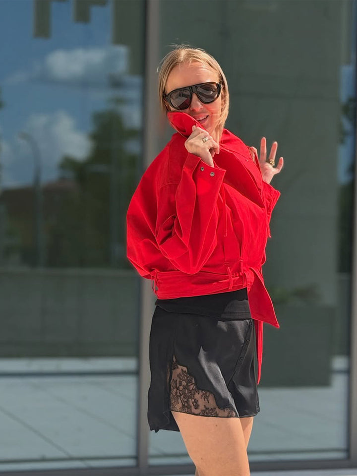 Damen Oversize Kurzjacke mit Taillengürtel und Hemdkragen Echoarchiv
