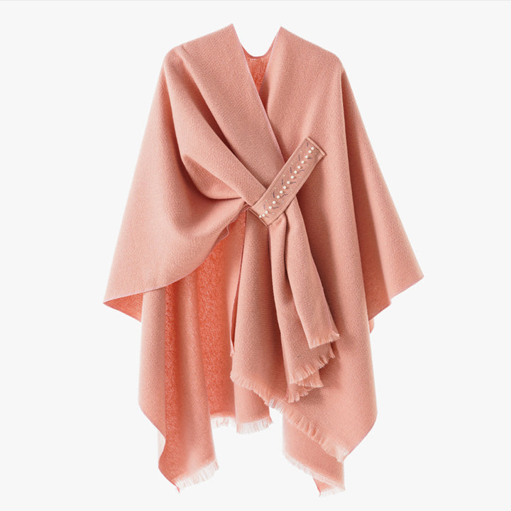 Damen Eleganter Wickel-Umhang aus Wollmischung mit Taillenschärpe und Fransensaum – Avérine