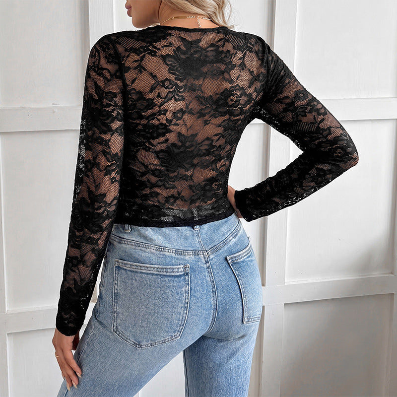Damen Enganliegendes Spitzen-Cropped-Top mit V-Ausschnitt und Bindeband – Orélia