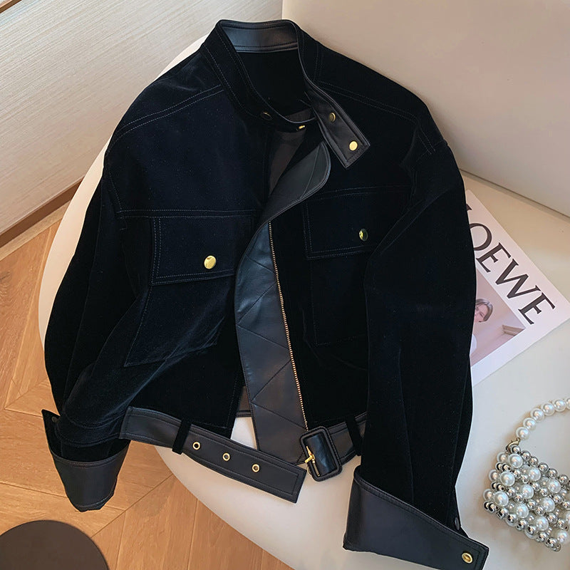 Damen Modische samtige Übergangsjacke mit Lederakzenten Echoarchiv