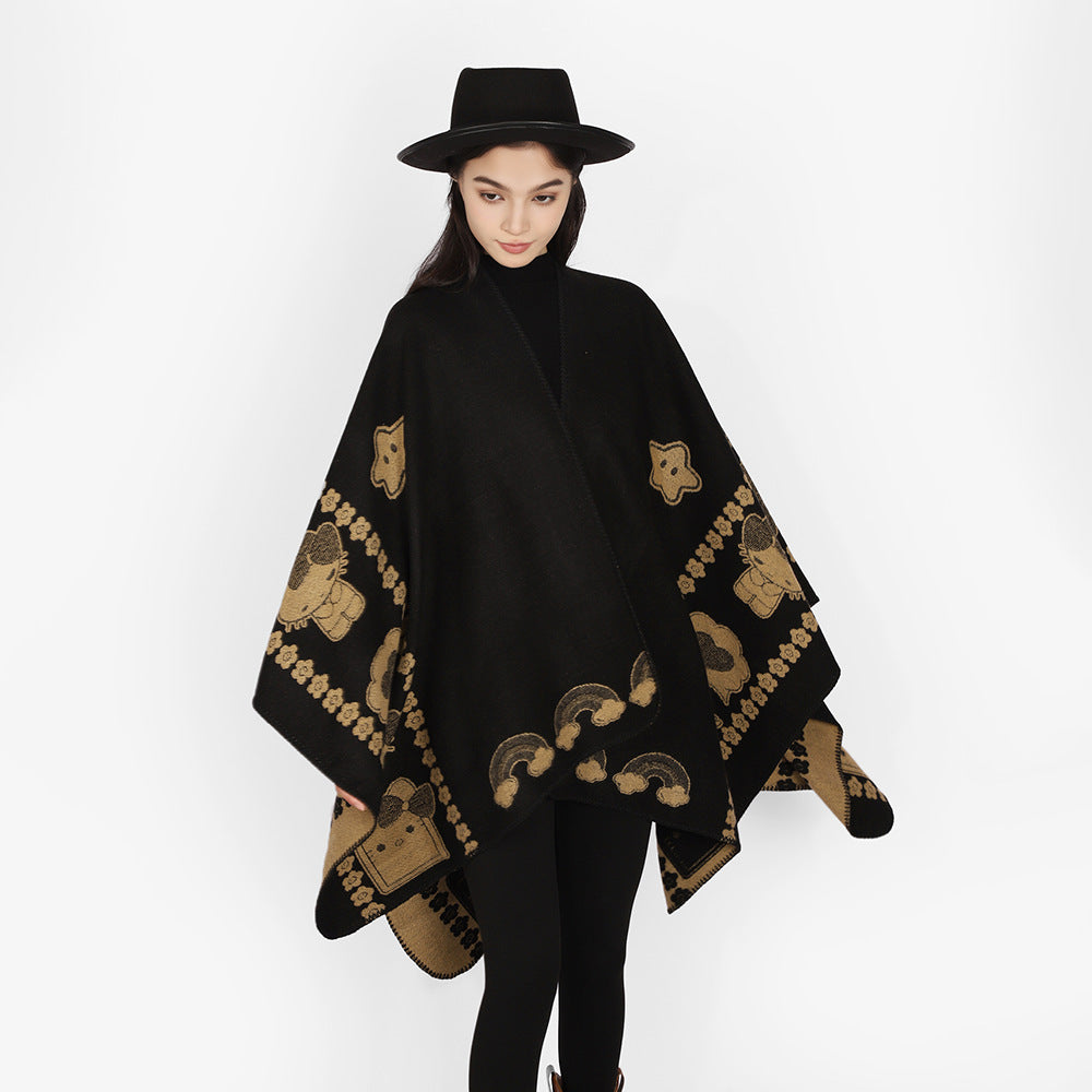 Damen Oversize-Poncho mit Jacquard‑Tiermotiv und asymmetrischem Zipfelsaum Echo Archiv